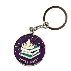 Books Rule! Keychain - Circular Pendant Stack of Books Crown